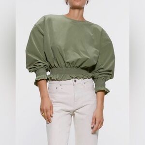 Zara Olive Elasticized Trim Puff Sleeves Smocked Blouse Top  M